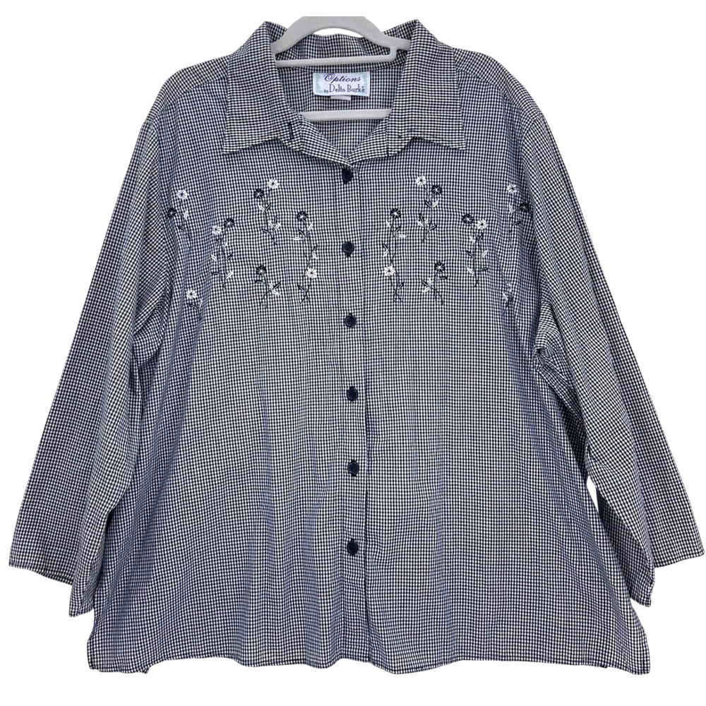 Vintage 90s Delta Burke Black White Gingham Floral Embroidered Button Up 3X Top - Picture 1 of 9
